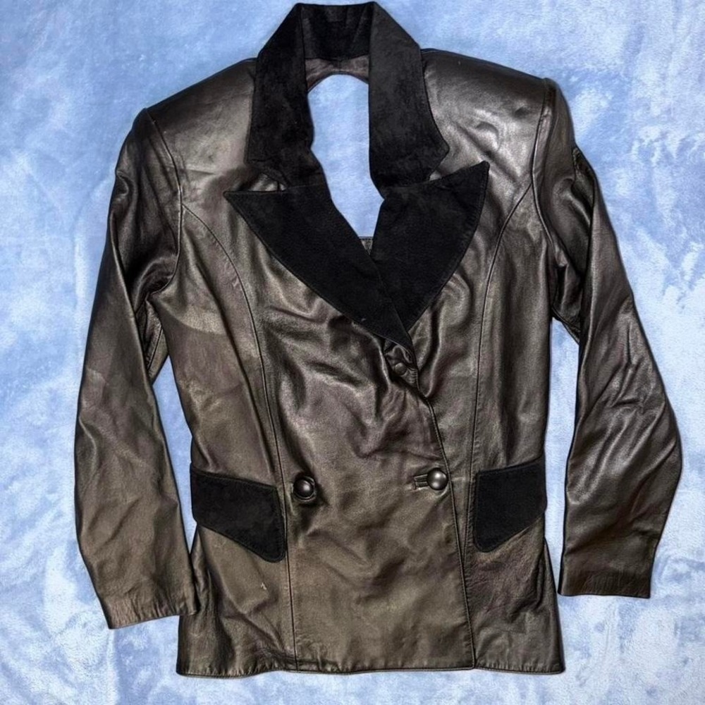 Vintage PRÉGO Black leather‎ jacket with suede collar and cuffs women size m